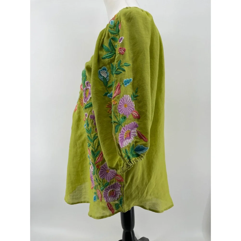 Sundance Tunic Top Womens Medium Lime Green Embroidered Floral Boho Cottagecore - Picture 7 of 7